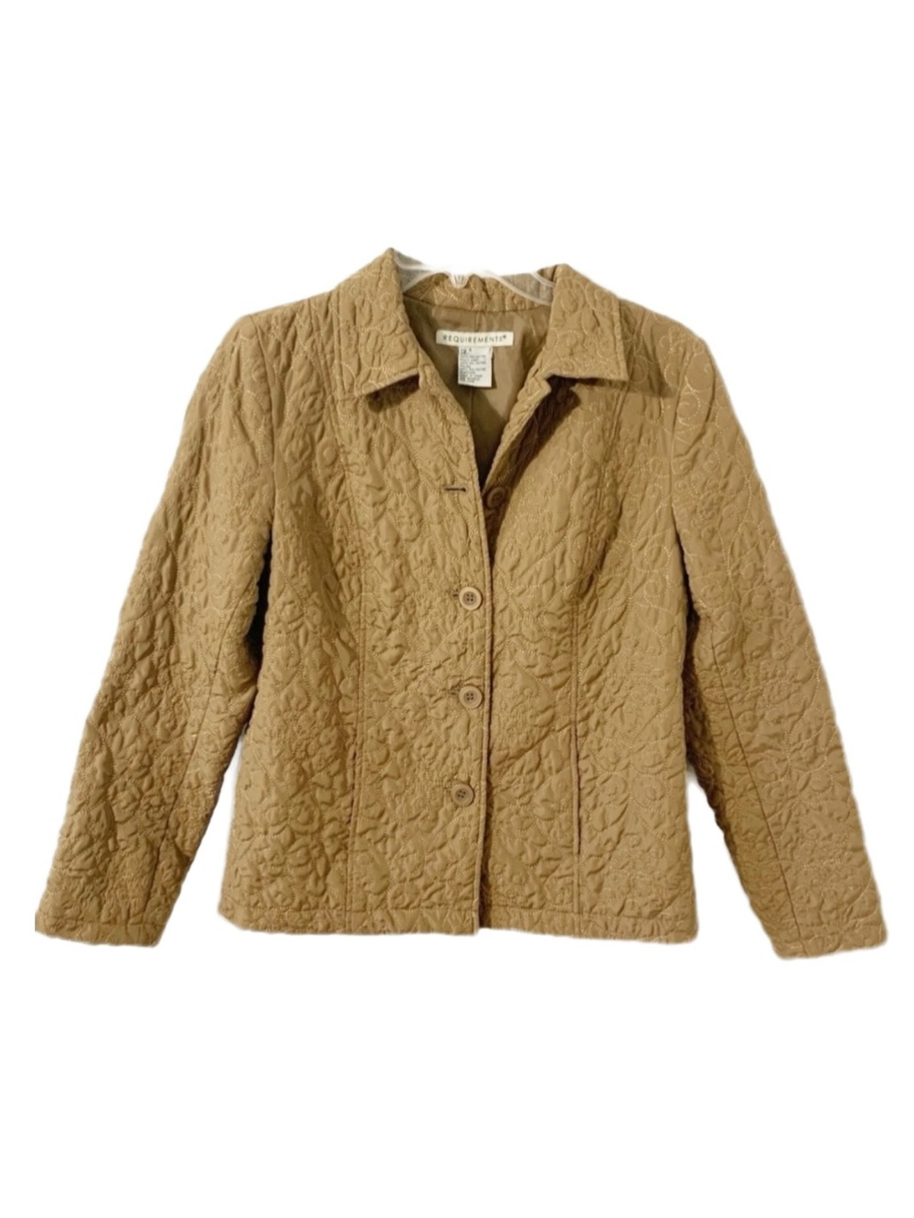 Requirements Camel Quilted Embroidered Button Front Lightweight Jacket Size S